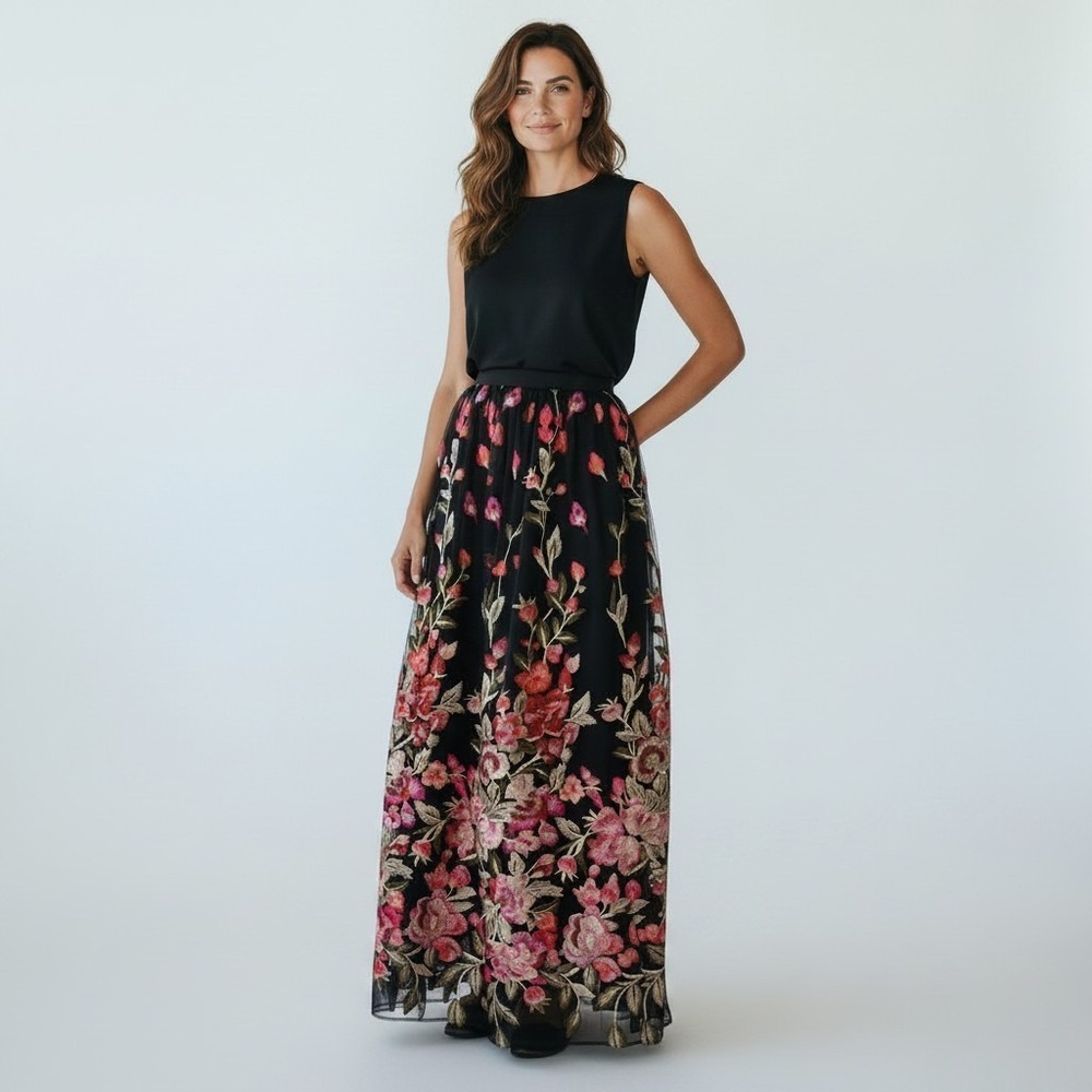 Trixxi Clothing Juniors Embroidered Long Formal Skirt Floral Size 9 Lined Prom